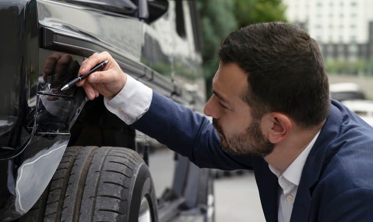 Insurance Adjuster Inspects Vehicle