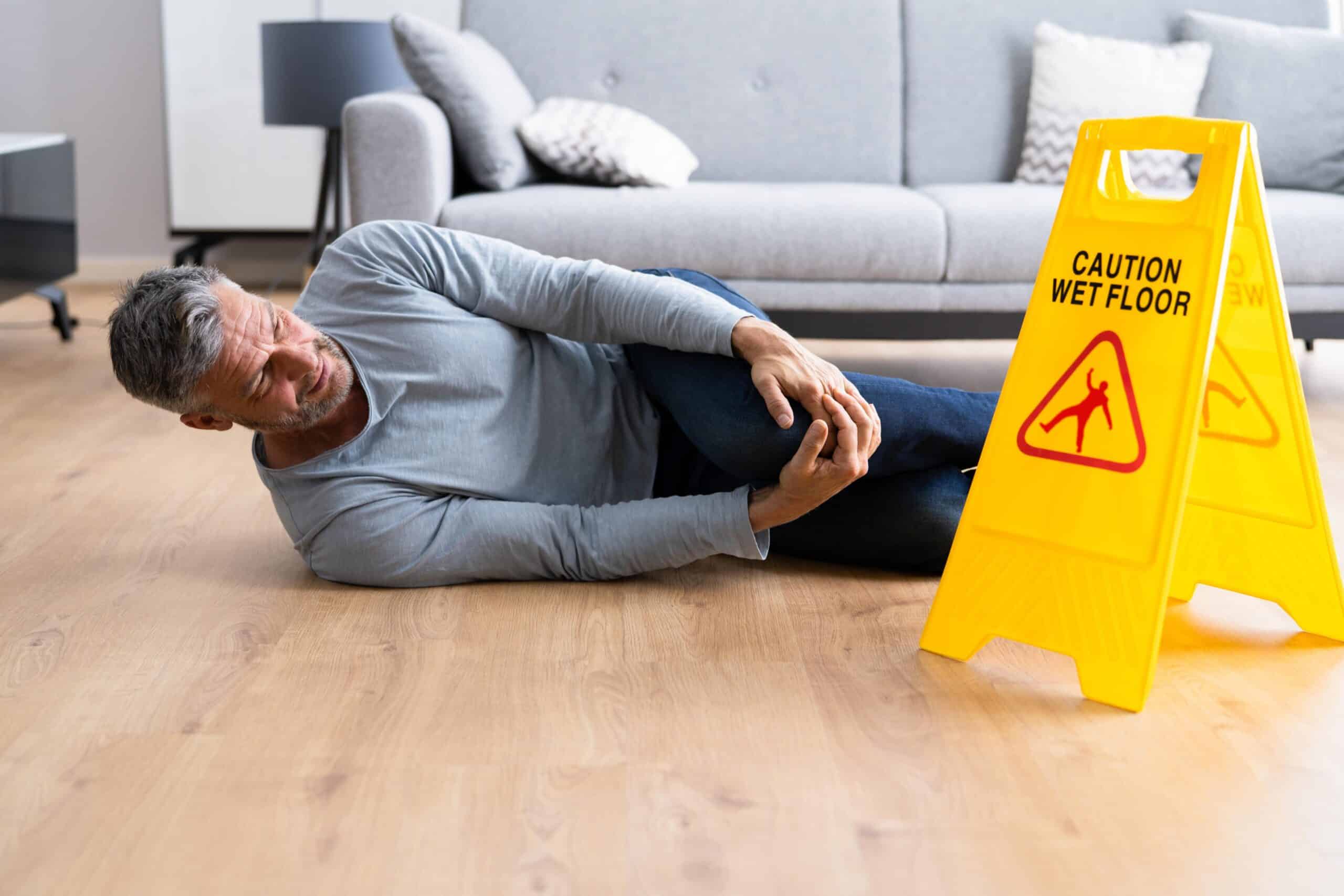 A Man Is Lying On The Floor Holding His Leg In Pain Next To A Yellow Caution Sign That Says &Quot;Caution Wet Floor.&Quot;