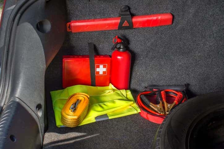 emergency and preparedness items in trunk of car