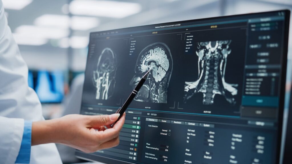 A doctor is pointing at a scan of a brain injury from a car accident.