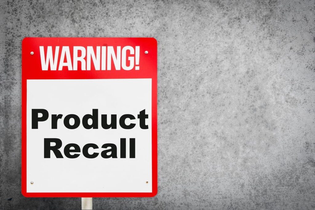 A product recall warning sign