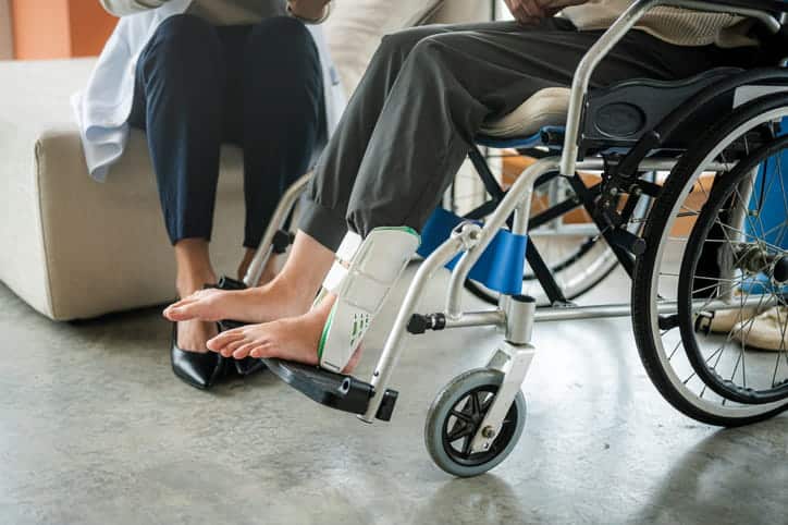 Focus is on the legs of a person sitting in a wheelchair. 