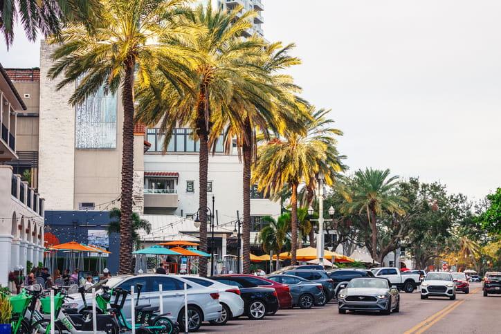 Cars Parked On The Side Of The Street In Florida. 